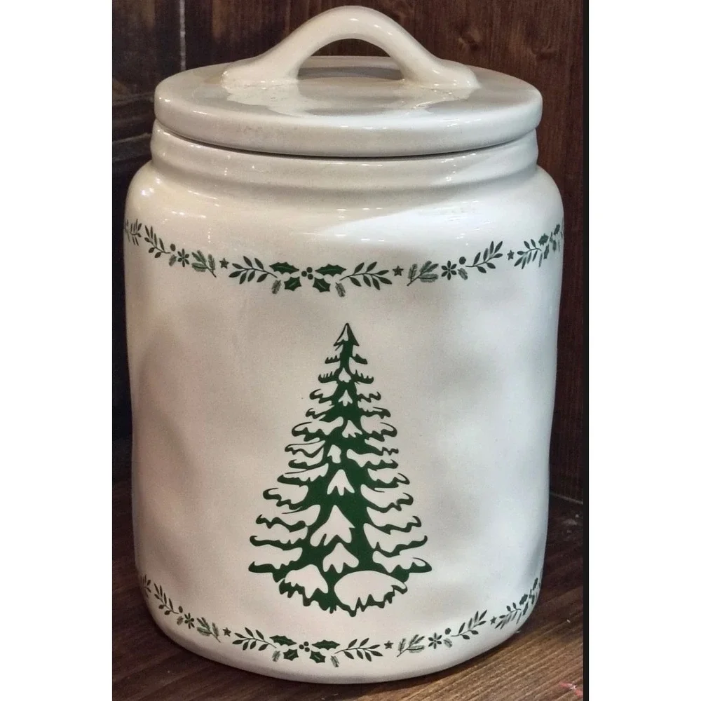 White Ceramic Christmas Tree Cookie Jar Green Evergreen Holiday Stoneware